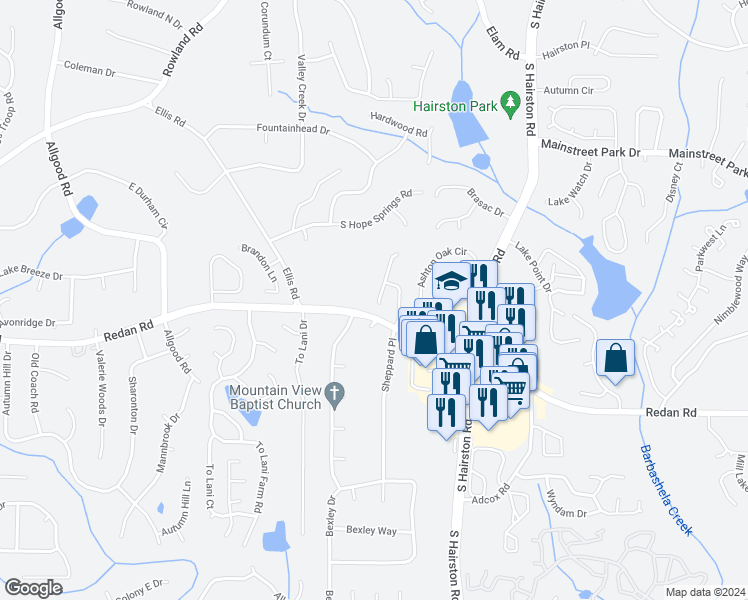 map of restaurants, bars, coffee shops, grocery stores, and more near 1051 Autumn Crest Court in Stone Mountain