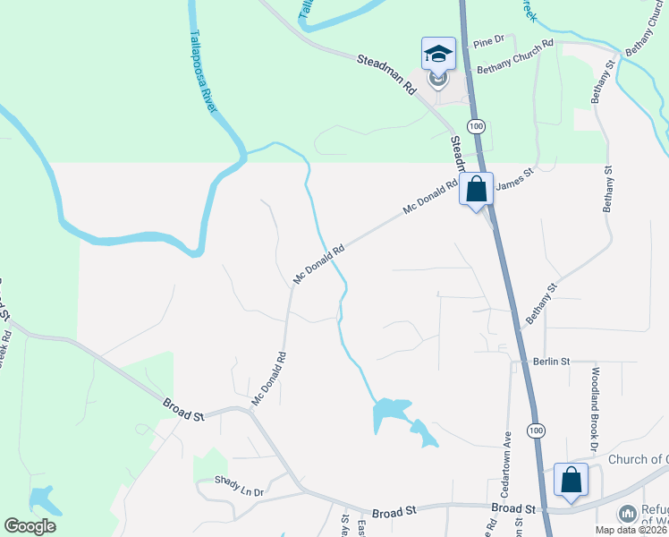 map of restaurants, bars, coffee shops, grocery stores, and more near 34 Woodstream Lane in Tallapoosa