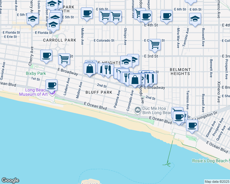 map of restaurants, bars, coffee shops, grocery stores, and more near 3050 East 2nd Street in Long Beach