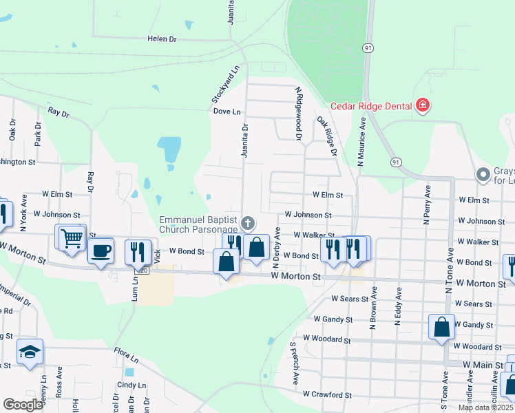map of restaurants, bars, coffee shops, grocery stores, and more near 805 Leeper Drive in Denison