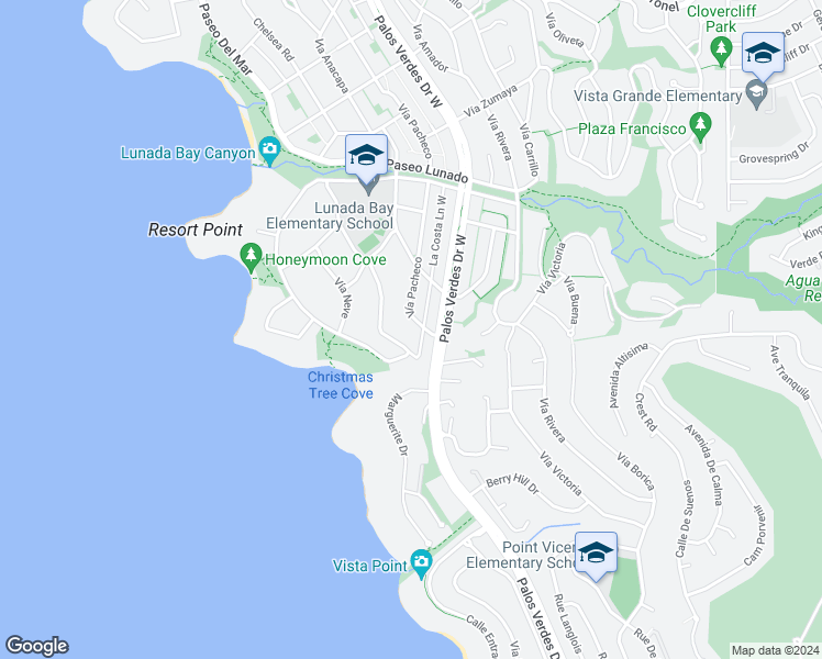 map of restaurants, bars, coffee shops, grocery stores, and more near 2941 Vía Pacheco in Palos Verdes Estates