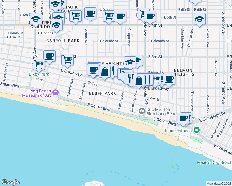 map of restaurants, bars, coffee shops, grocery stores, and more near 3036 East 2nd Street in Long Beach