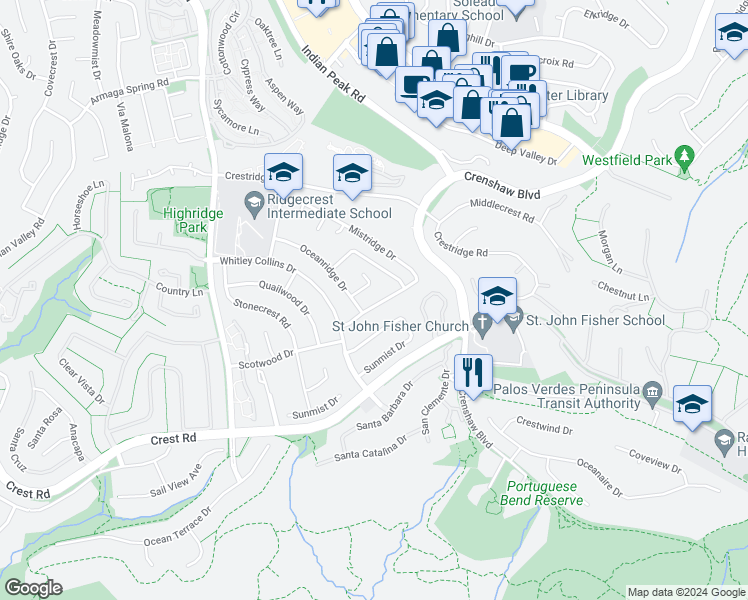 map of restaurants, bars, coffee shops, grocery stores, and more near 5613 Scotwood Drive in Rancho Palos Verdes