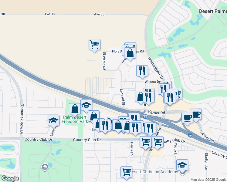 map of restaurants, bars, coffee shops, grocery stores, and more near 39301 Badger Street in Palm Desert