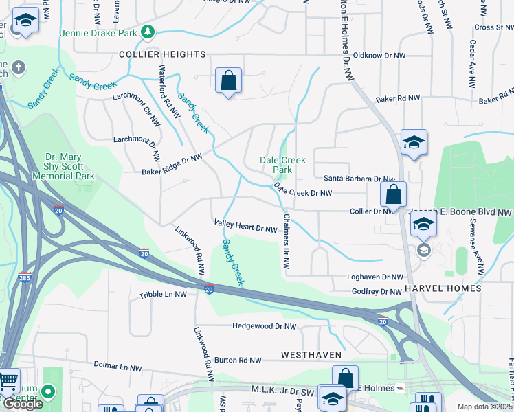 map of restaurants, bars, coffee shops, grocery stores, and more near 2790 Collier Drive Northwest in Atlanta