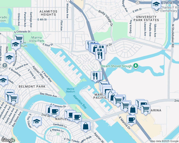 map of restaurants, bars, coffee shops, grocery stores, and more near 6258 Napoli Court in Long Beach