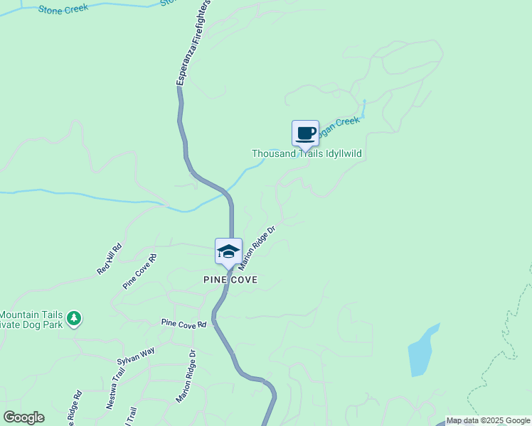 map of restaurants, bars, coffee shops, grocery stores, and more near Schaffer Drive in Idyllwild-Pine Cove