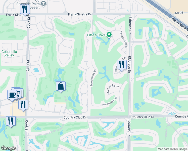 map of restaurants, bars, coffee shops, grocery stores, and more near 39196 Sweetwater Drive in Palm Desert