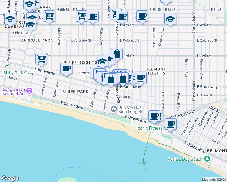 map of restaurants, bars, coffee shops, grocery stores, and more near 3325 2nd Street in Long Beach