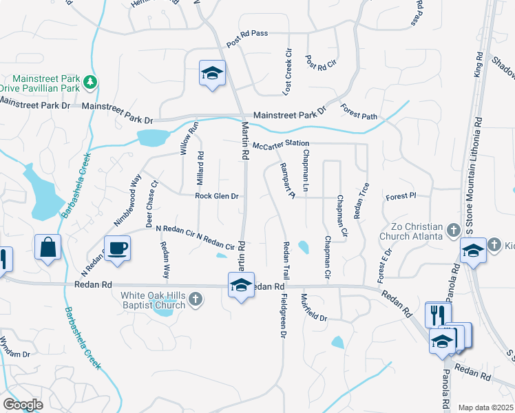 map of restaurants, bars, coffee shops, grocery stores, and more near 1054 Redan Trail Court in Stone Mountain