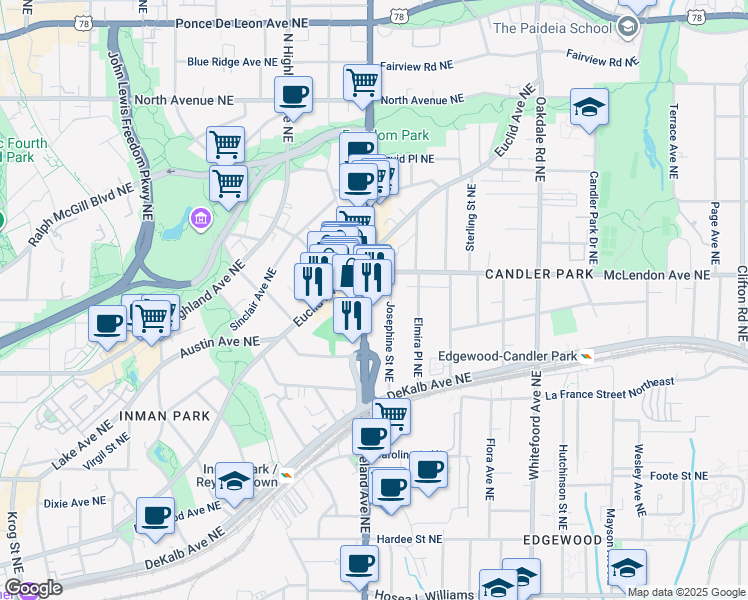 map of restaurants, bars, coffee shops, grocery stores, and more near 353 Moreland Avenue Northeast in Atlanta