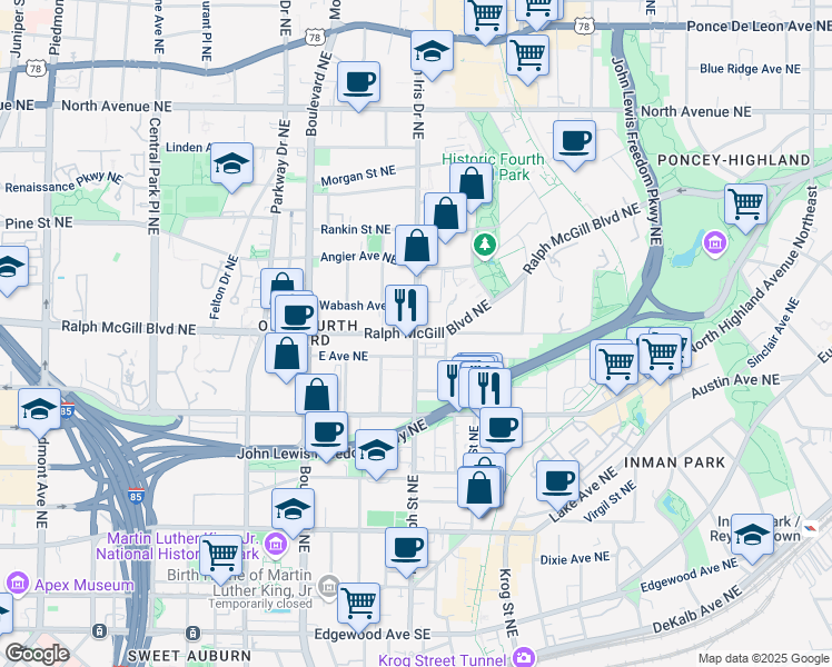map of restaurants, bars, coffee shops, grocery stores, and more near Ralph McGill Blvd NE & Glen Iris Dr NE in Atlanta