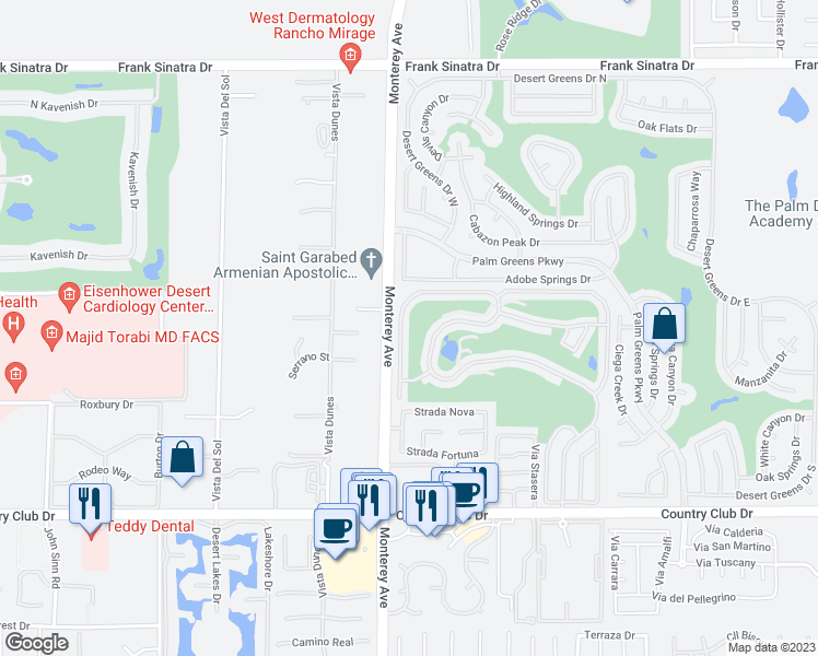 map of restaurants, bars, coffee shops, grocery stores, and more near 39026-39098 Monterey Avenue in Palm Desert
