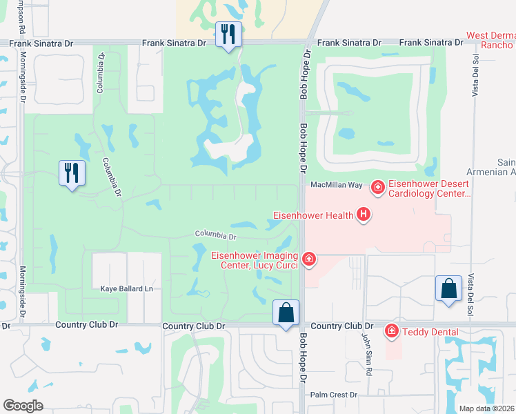 map of restaurants, bars, coffee shops, grocery stores, and more near 6 Whittier Court in Rancho Mirage