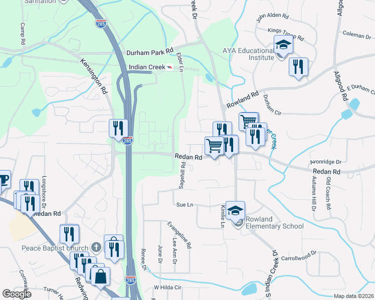 map of restaurants, bars, coffee shops, grocery stores, and more near 3987 Redan Road in Stone Mountain