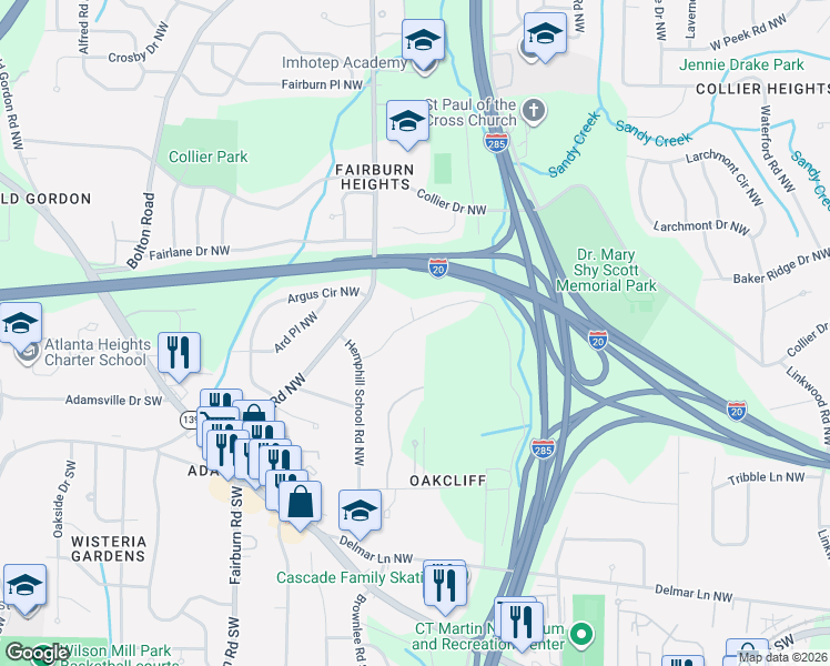 map of restaurants, bars, coffee shops, grocery stores, and more near 3376 Lake Valley Road Northwest in Atlanta