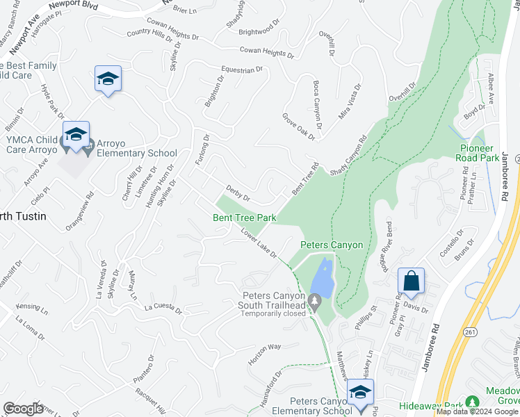map of restaurants, bars, coffee shops, grocery stores, and more near 1932 Derby Drive in Santa Ana