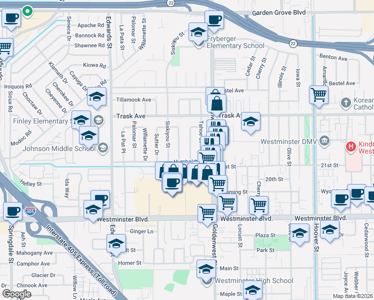 map of restaurants, bars, coffee shops, grocery stores, and more near 13641 Yosemite Drive in Westminster