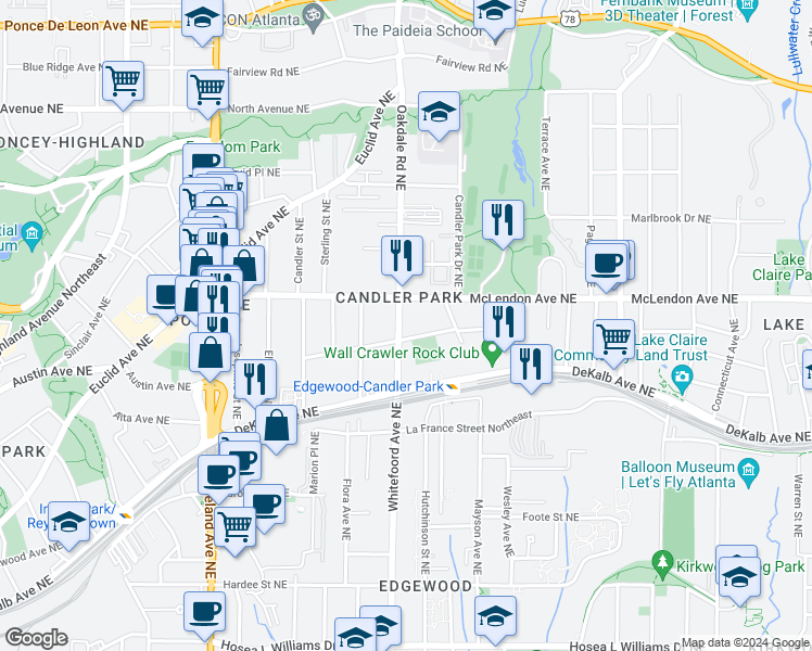 map of restaurants, bars, coffee shops, grocery stores, and more near 353 Oakdale Road Northeast in Atlanta