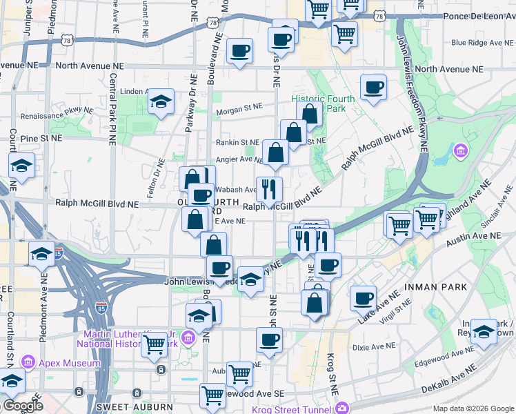 map of restaurants, bars, coffee shops, grocery stores, and more near Ralph McGill Boulevard Northeast in Atlanta