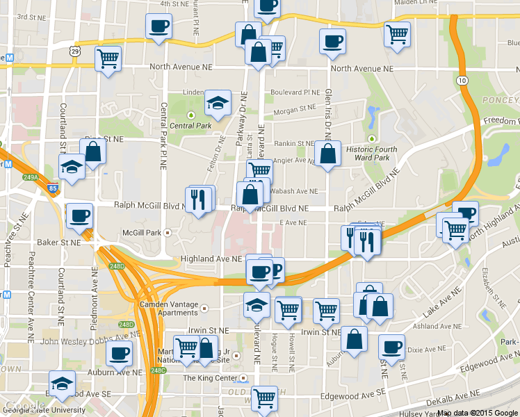 map of restaurants, bars, coffee shops, grocery stores, and more near Ralph McGill Boulevard Northeast & Boulevard Northeast in Atlanta