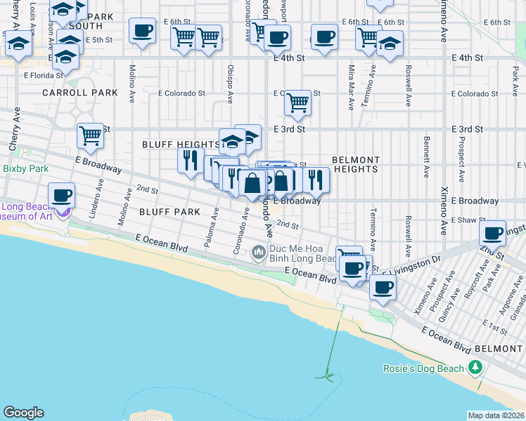 map of restaurants, bars, coffee shops, grocery stores, and more near 217 Redondo Avenue in Long Beach