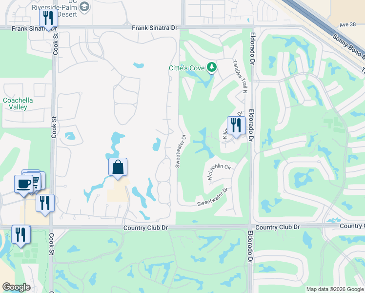 map of restaurants, bars, coffee shops, grocery stores, and more near 39196 Sweetwater Drive in Palm Desert