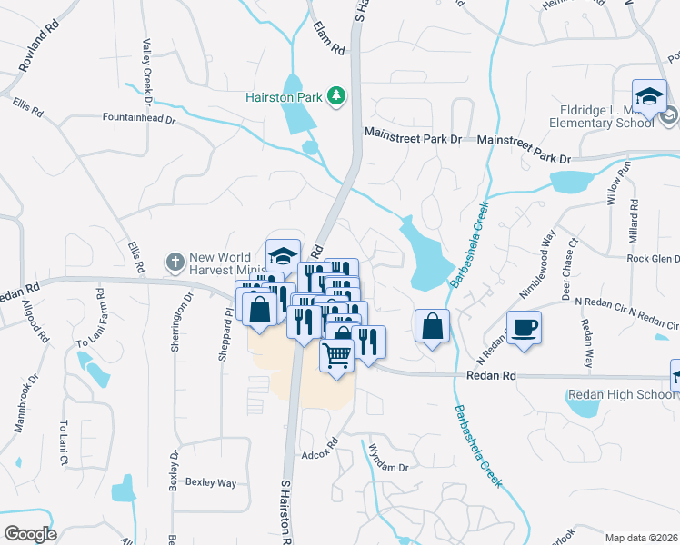 map of restaurants, bars, coffee shops, grocery stores, and more near 4873 Pinnacle Drive in Stone Mountain