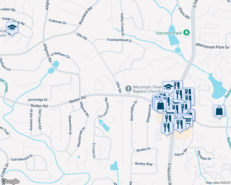 map of restaurants, bars, coffee shops, grocery stores, and more near 1048 Brandon Lane in Stone Mountain