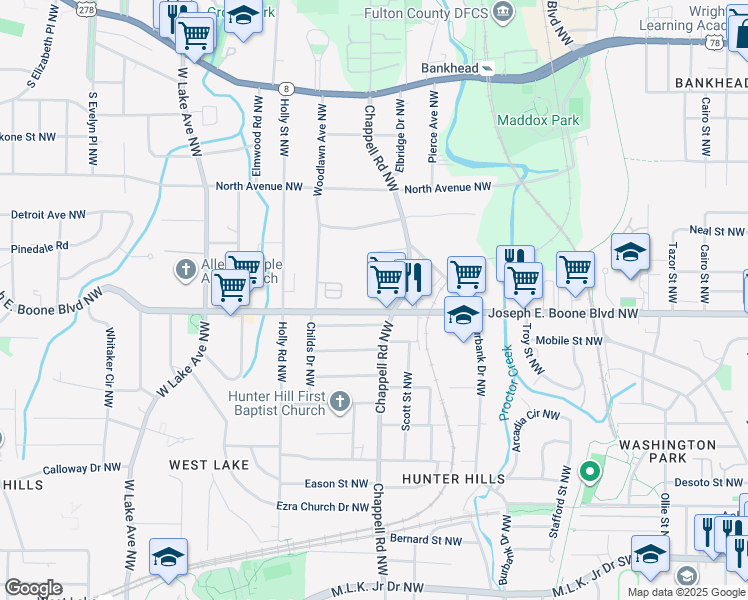 map of restaurants, bars, coffee shops, grocery stores, and more near 6361 Simpson Road Northwest in Atlanta