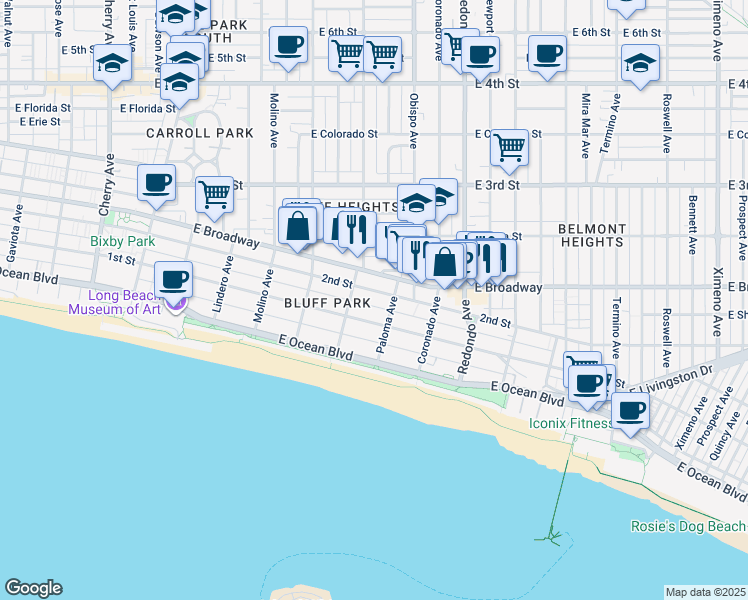 map of restaurants, bars, coffee shops, grocery stores, and more near 3040 East 2nd Street in Long Beach
