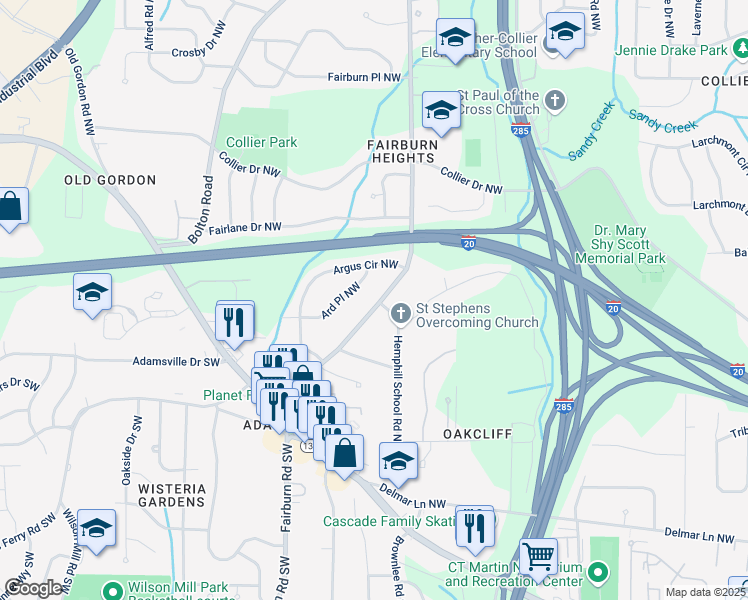 map of restaurants, bars, coffee shops, grocery stores, and more near 304 Hemphill School Road Northwest in Atlanta