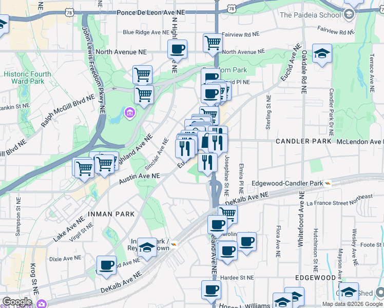 map of restaurants, bars, coffee shops, grocery stores, and more near Euclid Avenue Northeast in Atlanta