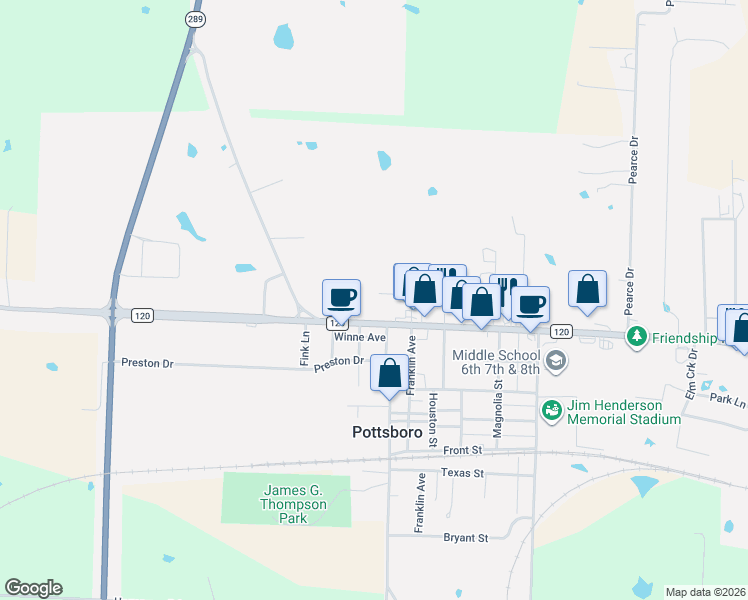 map of restaurants, bars, coffee shops, grocery stores, and more near 109 Franklin Court in Pottsboro