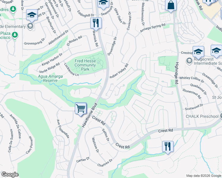 map of restaurants, bars, coffee shops, grocery stores, and more near 1 Coraltree Lane in Rolling Hills Estates