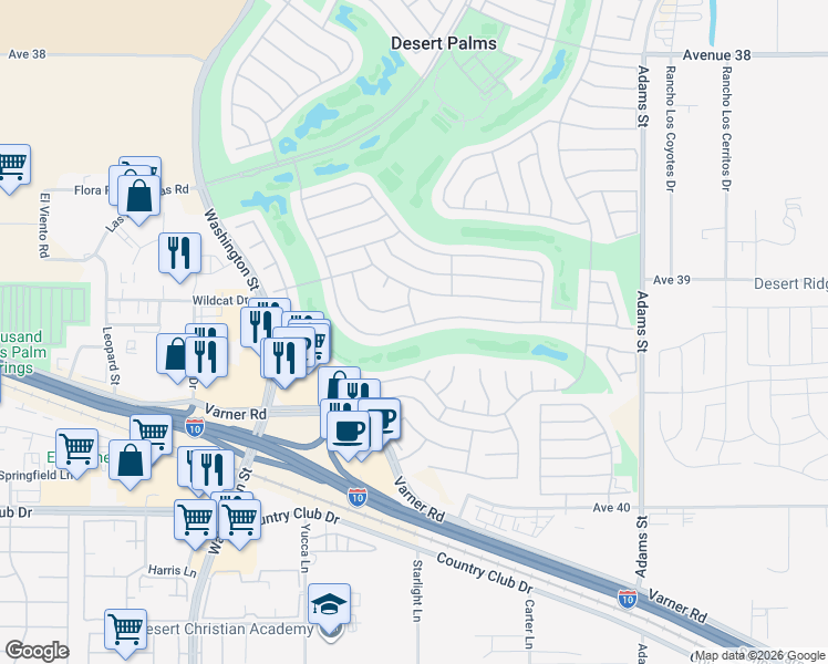 map of restaurants, bars, coffee shops, grocery stores, and more near 78515 Golden Reed Drive in Palm Desert