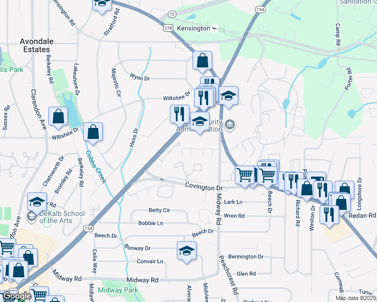 map of restaurants, bars, coffee shops, grocery stores, and more near 3626 Midway Road in Decatur