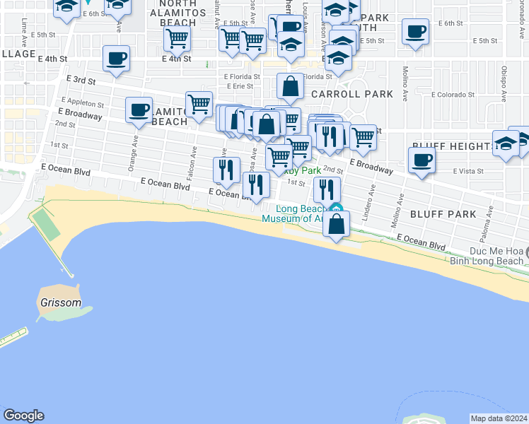 map of restaurants, bars, coffee shops, grocery stores, and more near 25 South 15th Place in Long Beach
