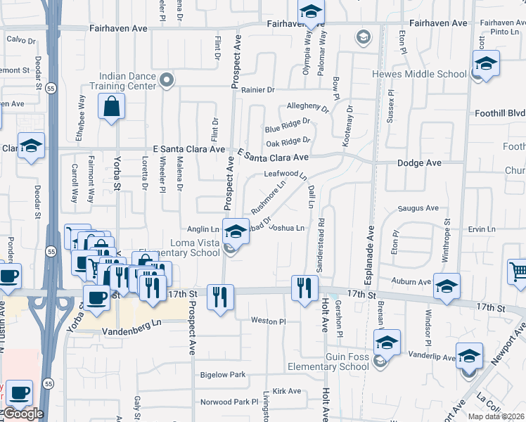 map of restaurants, bars, coffee shops, grocery stores, and more near 18071 Joshua Lane in Santa Ana