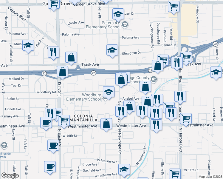 map of restaurants, bars, coffee shops, grocery stores, and more near 11411 Woodbury Road in Garden Grove