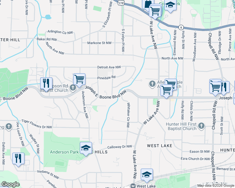 map of restaurants, bars, coffee shops, grocery stores, and more near 1841 Joseph E. Boone Boulevard Northwest in Atlanta
