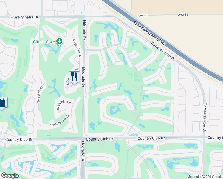 map of restaurants, bars, coffee shops, grocery stores, and more near 76205 Impatiens Circle in Palm Desert