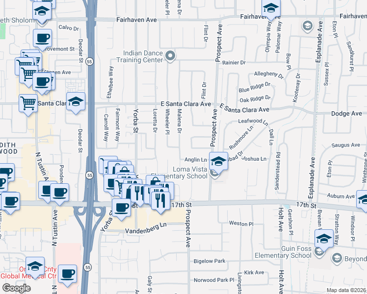 map of restaurants, bars, coffee shops, grocery stores, and more near 13731 Malena Drive in Tustin
