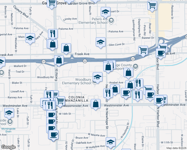 map of restaurants, bars, coffee shops, grocery stores, and more near 11332 Woodbury Road in Garden Grove