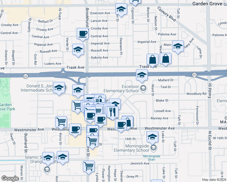 map of restaurants, bars, coffee shops, grocery stores, and more near 10222 Traylor Way in Garden Grove