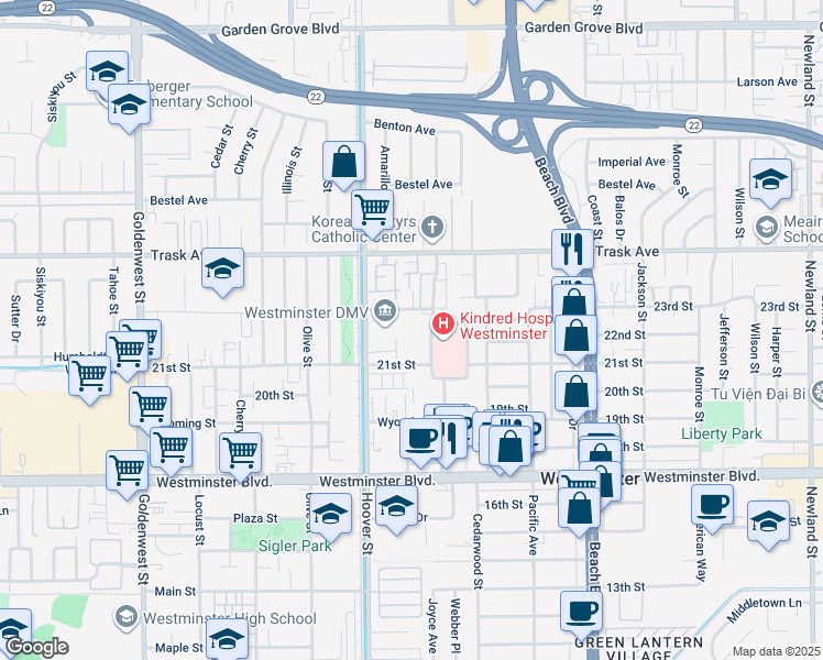 map of restaurants, bars, coffee shops, grocery stores, and more near 280 Hospital Circle in Westminster