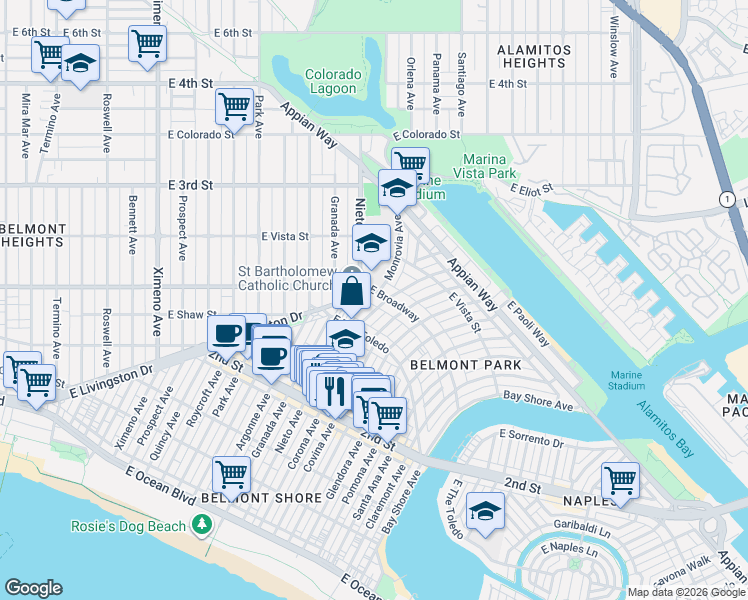 map of restaurants, bars, coffee shops, grocery stores, and more near 269 Corona Avenue in Long Beach