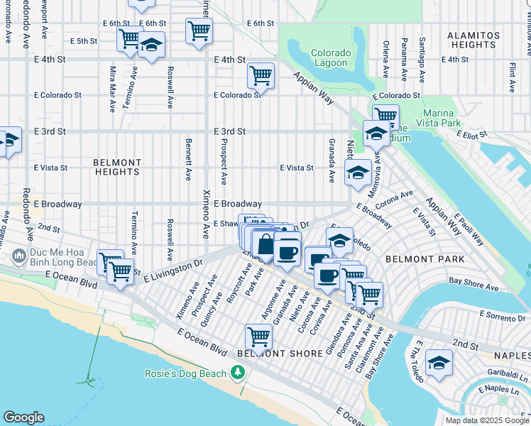 map of restaurants, bars, coffee shops, grocery stores, and more near 213 Roycroft Avenue in Long Beach