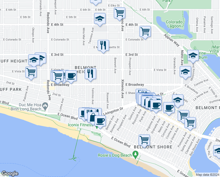 map of restaurants, bars, coffee shops, grocery stores, and more near 4225 East Shaw Street in Long Beach
