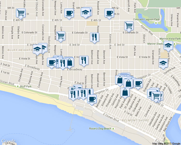 map of restaurants, bars, coffee shops, grocery stores, and more near 4107 East Shaw Street in Long Beach